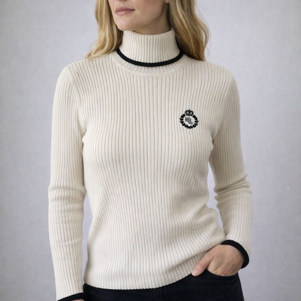 Lauren Active Ralph Lauren Ribbed Turtleneck Sweater Cream Black Logo Women L